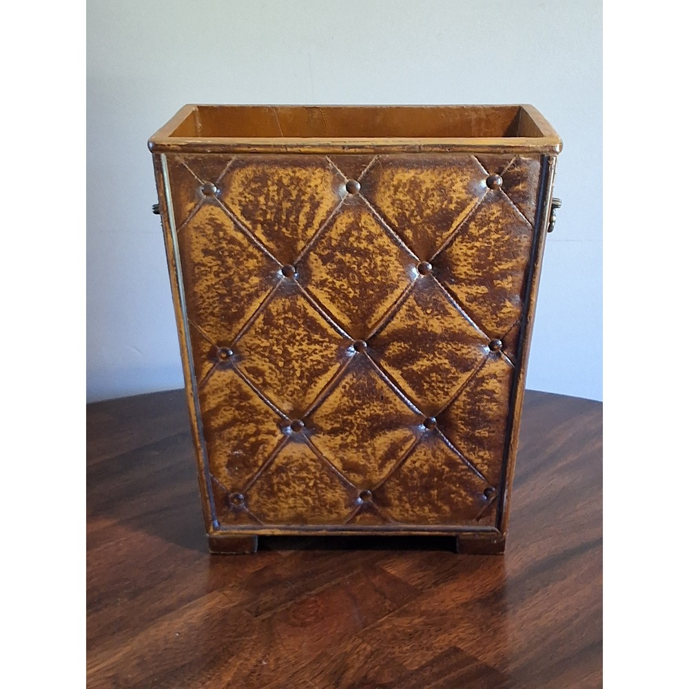 Vintage MCM Faux Leather Diamond Quilted Wood Wastebasket GVC